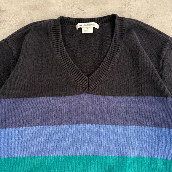 Liz Claiborne striped knit v-neck sweater 100% cotton blue and green size XL - Picture 3 of 7